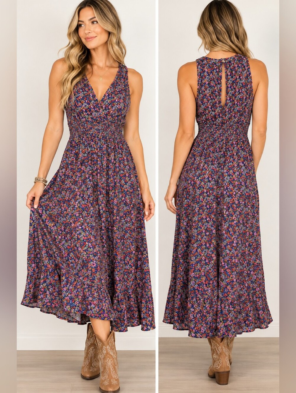 Natural Life Floral Midi Dress Small Boho Sleeveless Rayon Smocked Waist